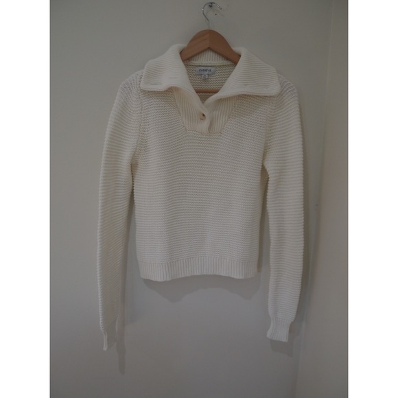 Evereve Cream Cotton Knit Pullover Sweater Collared Button XS Extra‎ Small - Picture 2 of 7